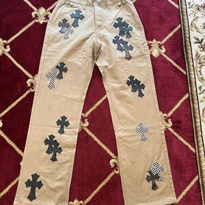 Tan Chinos with Floral Embroidery and Relaxed Fit